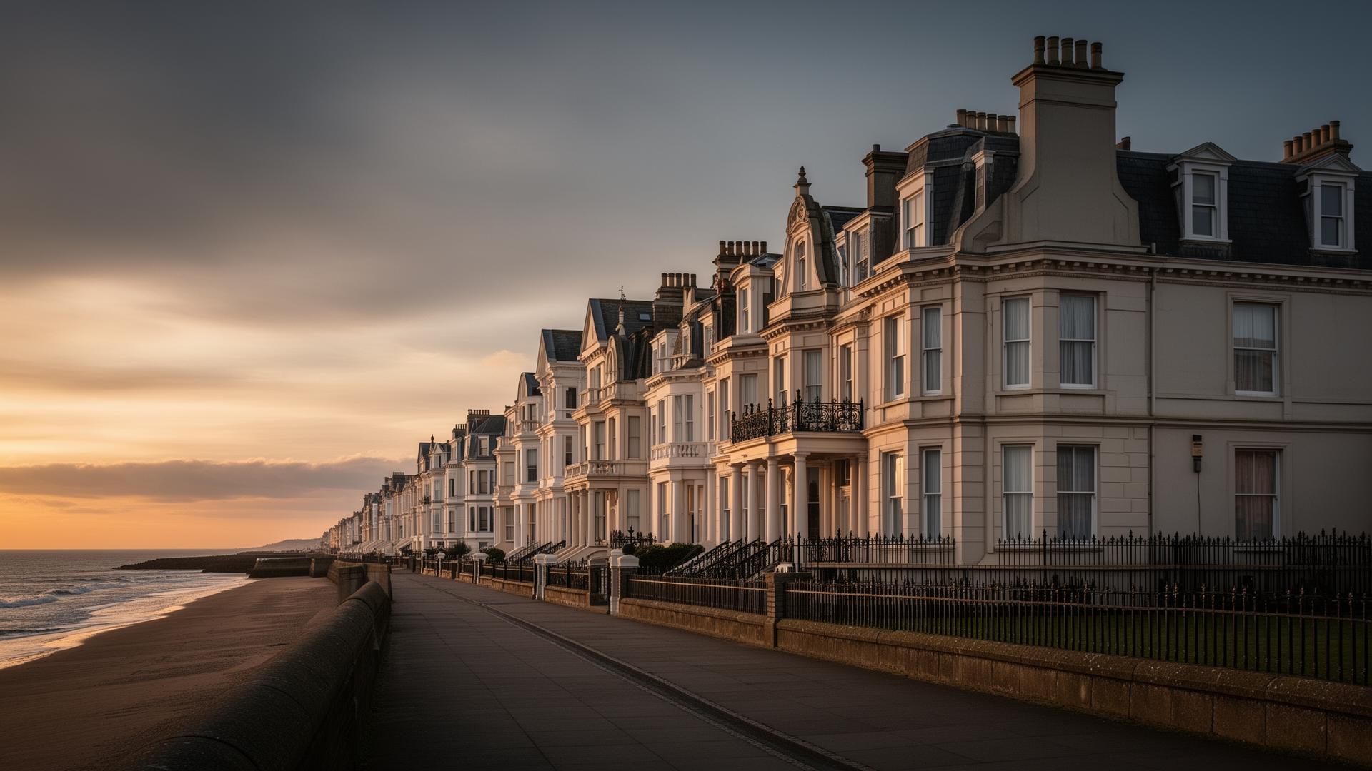 Edwardian seafront properties in Lytham St Annes at golden hour